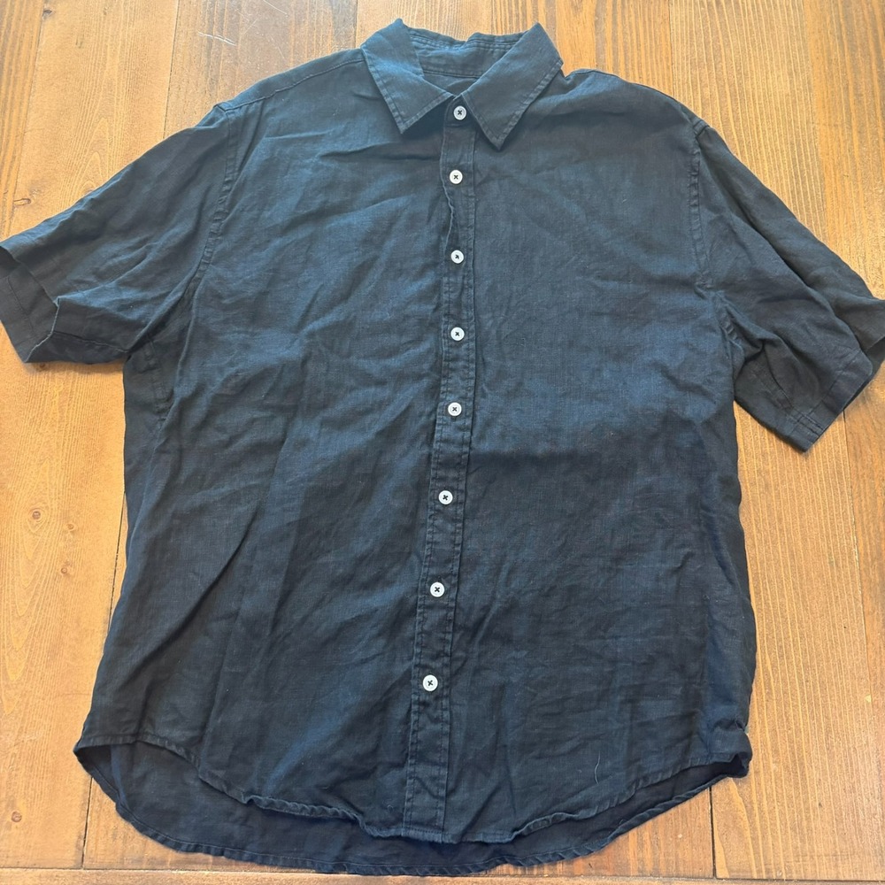 Quince 100% European Linen Relaxed Short Sleeve Shirt Black Mens Large